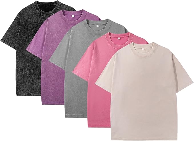 Five plain t-shirts in black, purple, gray, pink, and beige arranged in a row on a white background.