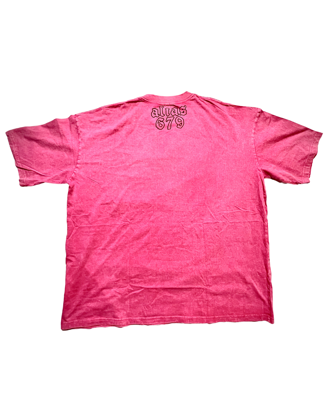 Pink t-shirt with alais679 on the back against a white background