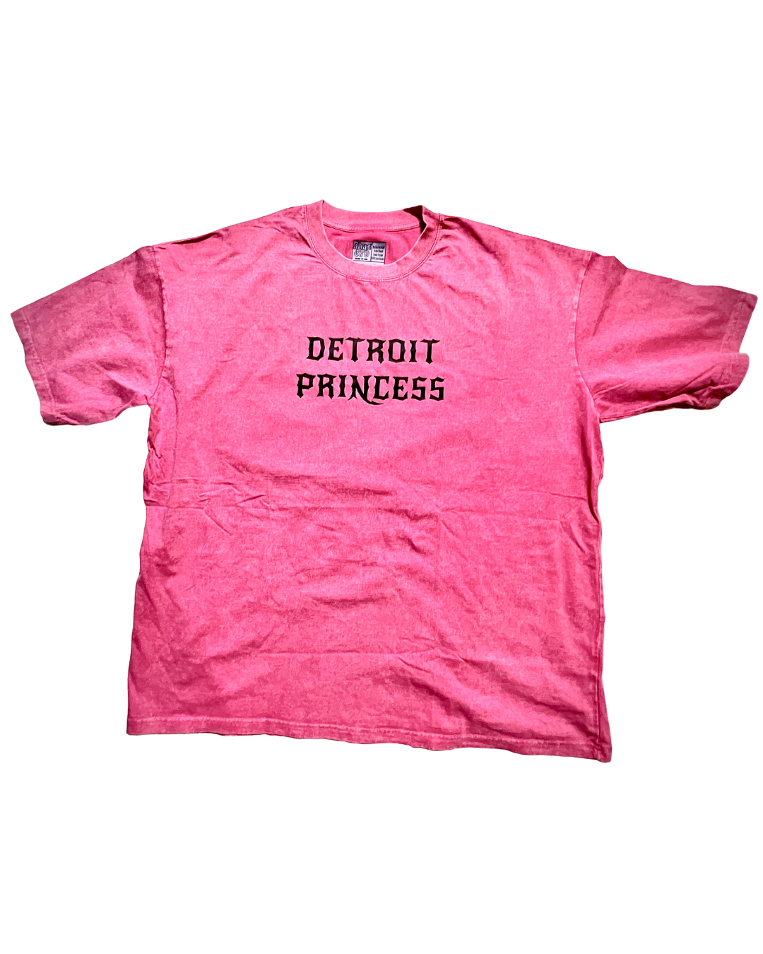 Pink t-shirt with 'Detroit Princess' text on a white background