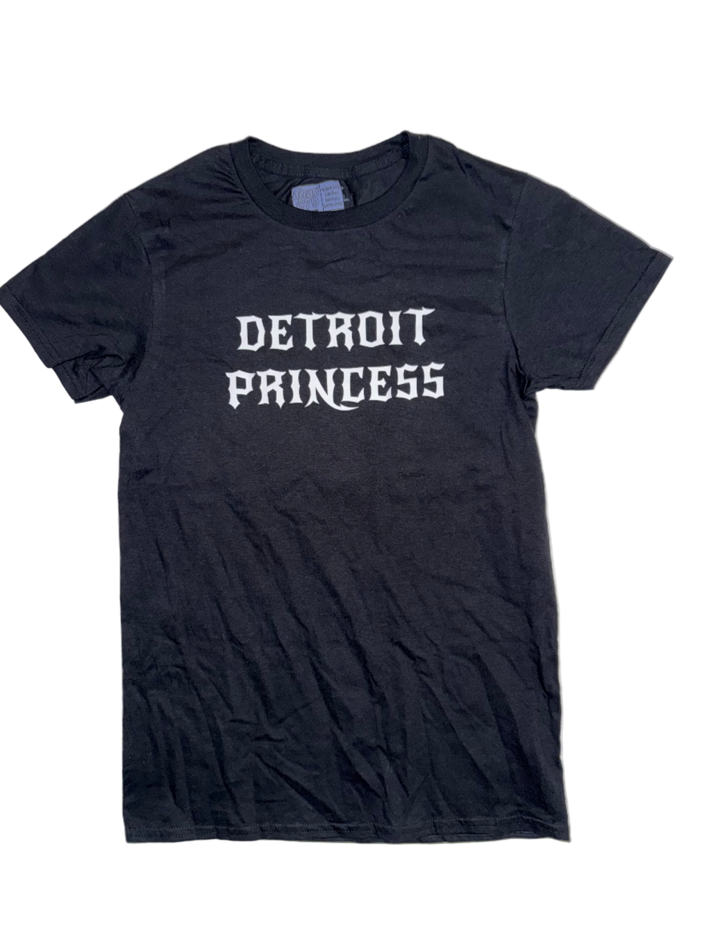 Black t-shirt with 'Detroit Princess' text on a white background