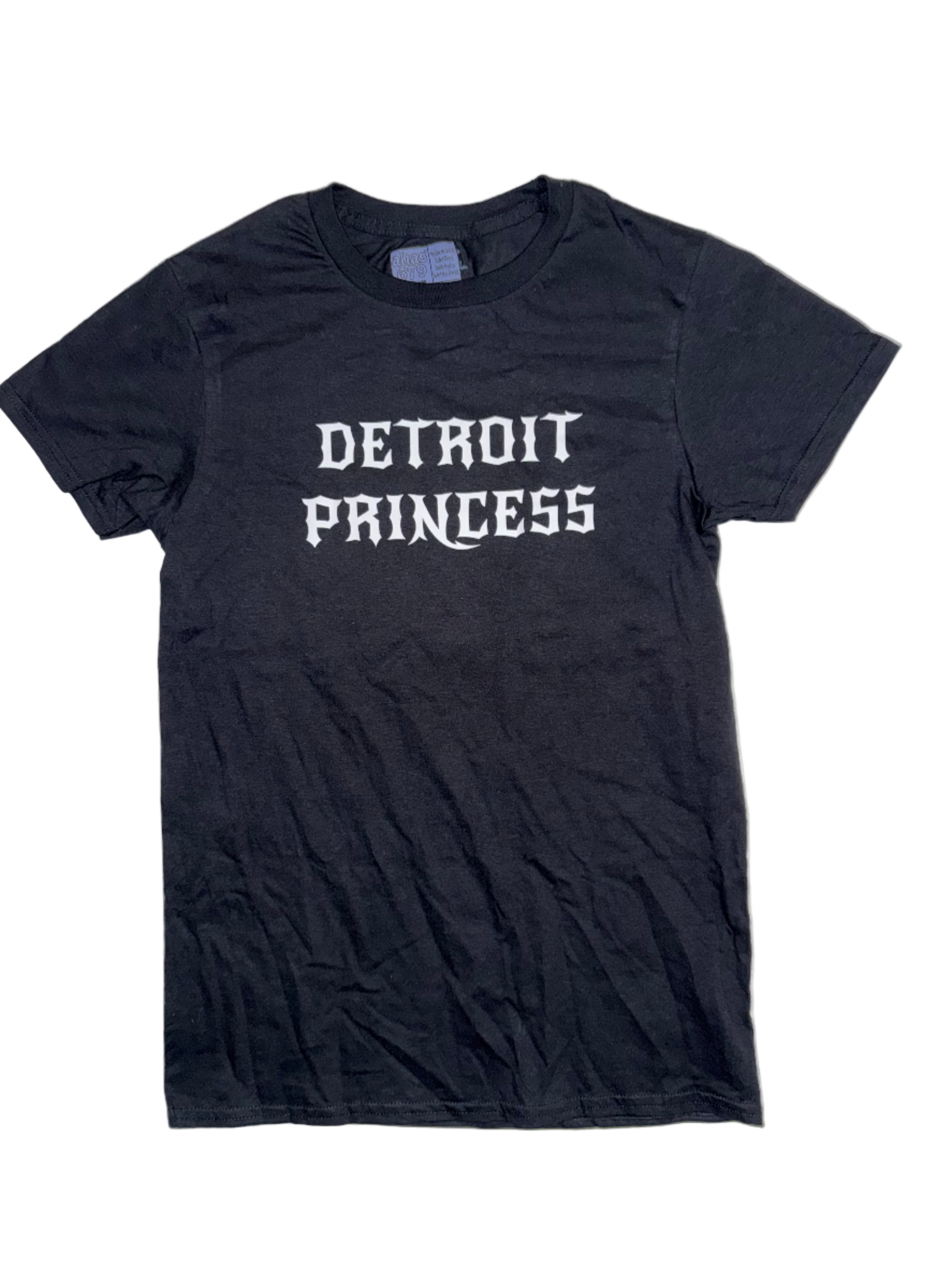 Black t-shirt with 'Detroit Princess' text on a white background