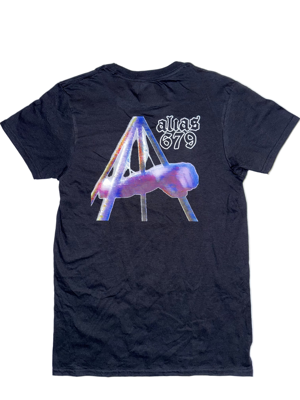 Black t-shirt with colorful 'Alias 679' logo and text on a white background