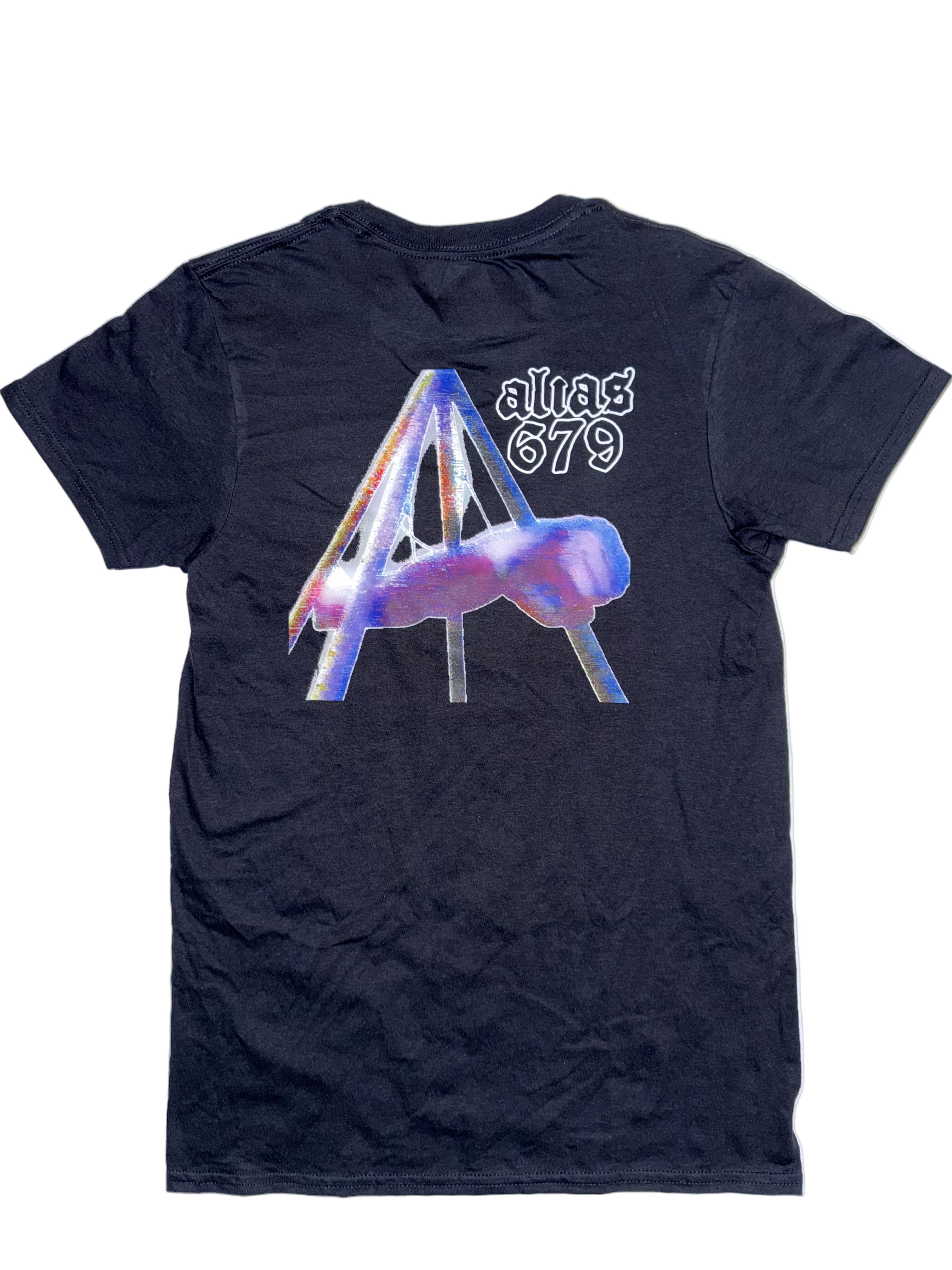 Black t-shirt with colorful 'Alias 679' logo and text on a white background