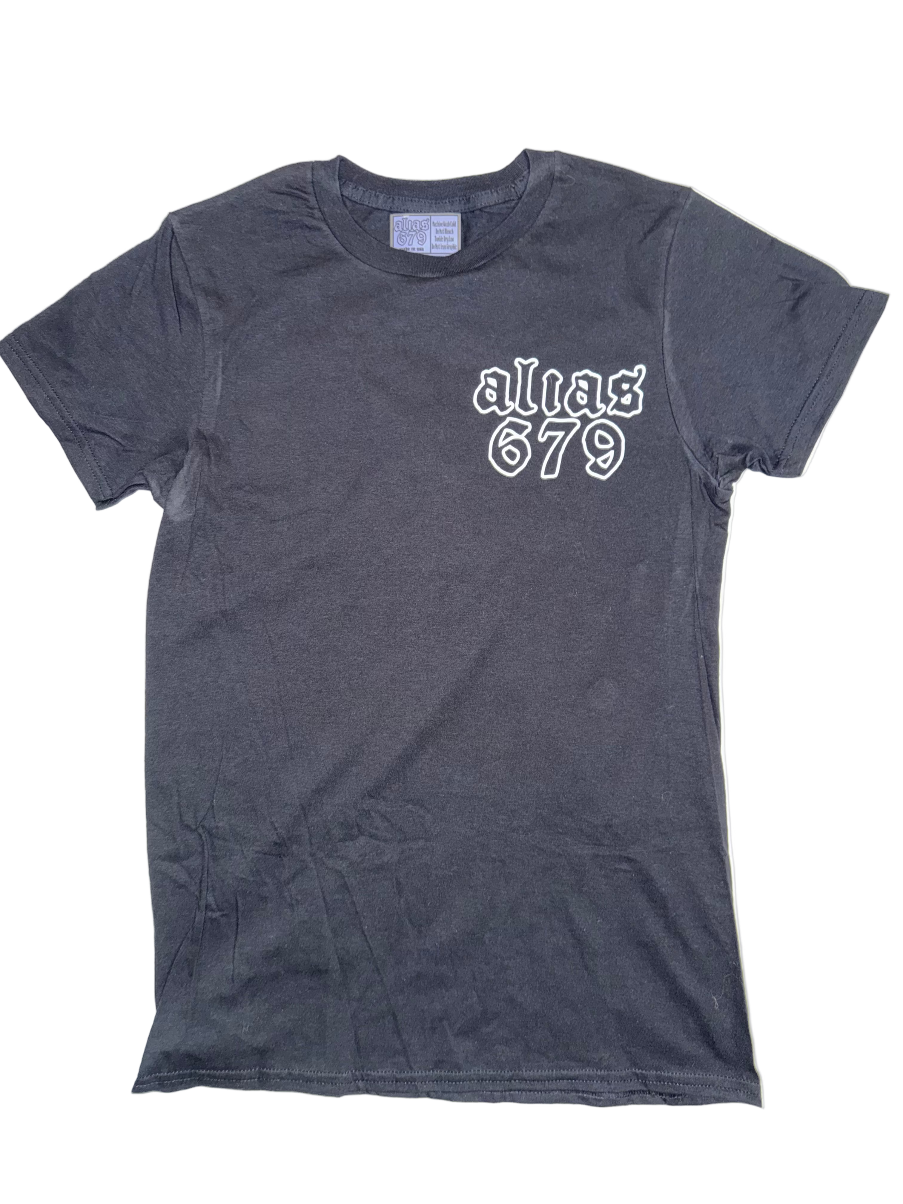 Gray t-shirt with 'alias 679' text on a white background