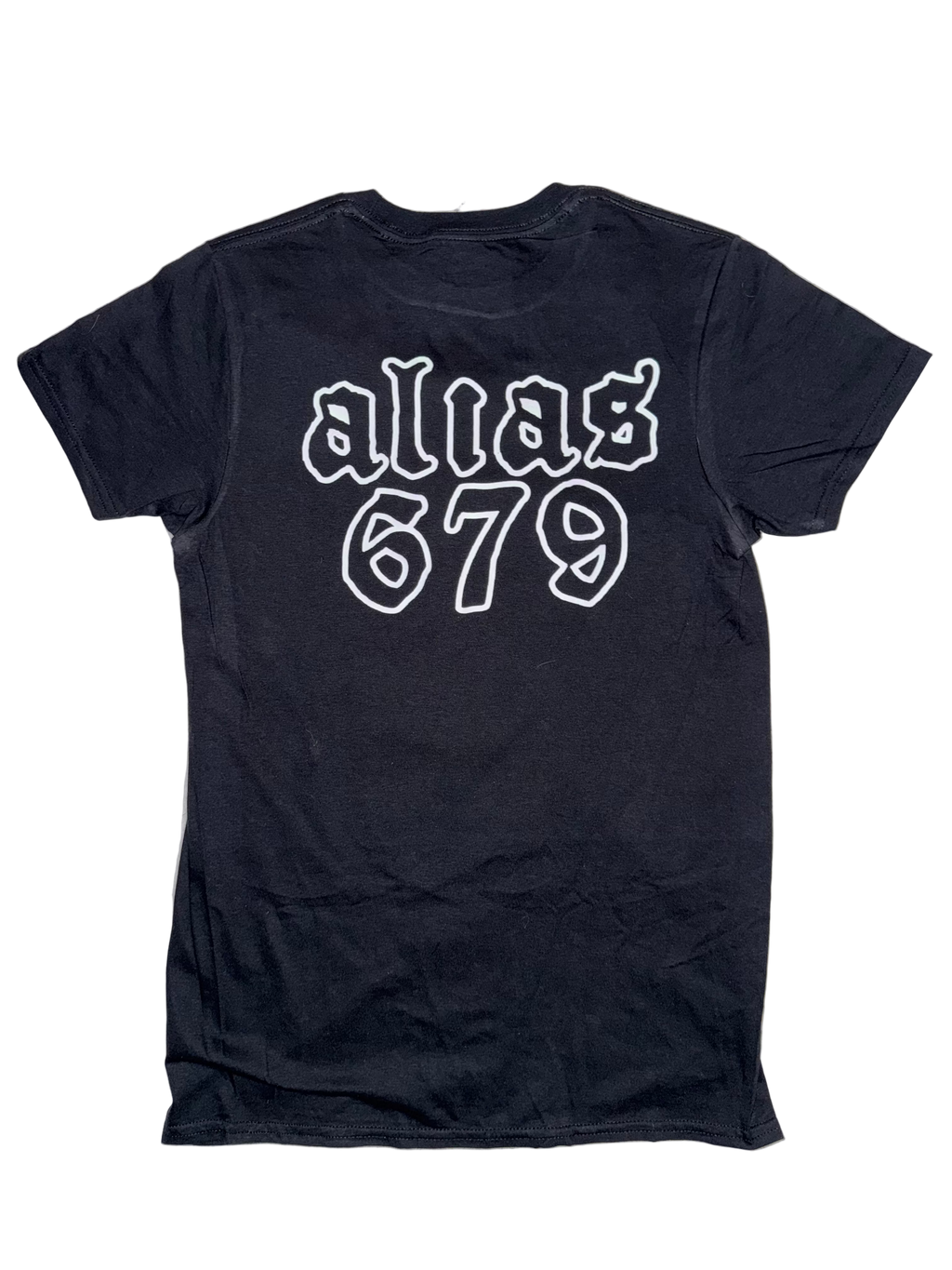 Black t-shirt with white "alias 679" text on a light gray background