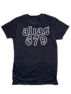 Black t-shirt with white "alias 679" text on a light gray background