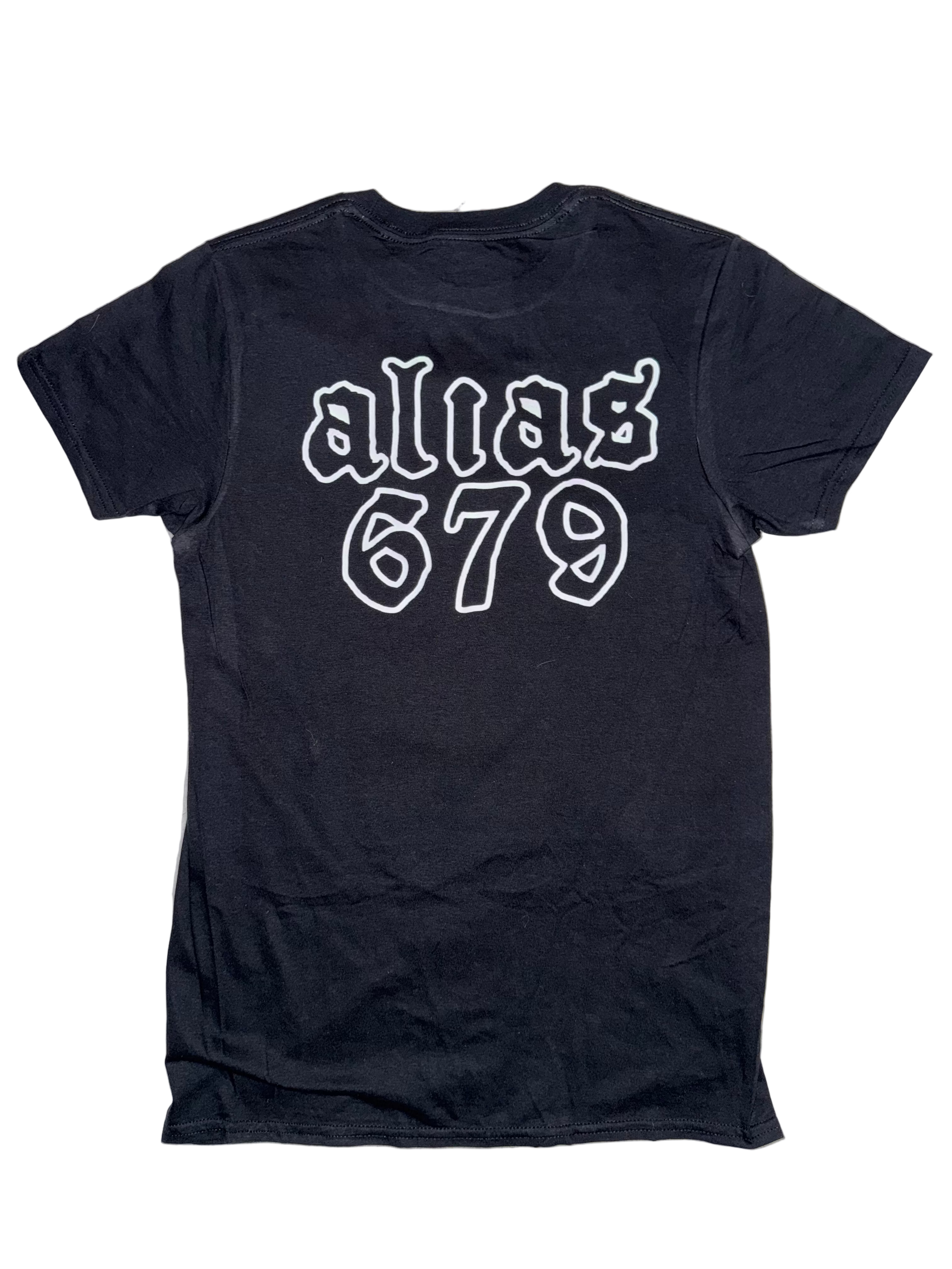 Black t-shirt with white "alias 679" text on a light gray background