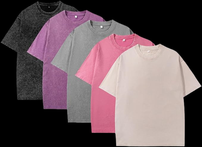 Five plain t-shirts in black, purple, gray, pink, and beige arranged in a row on a white background.