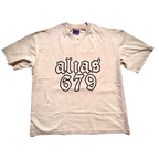 Beige t-shirt with 'alias 679' text on a white background