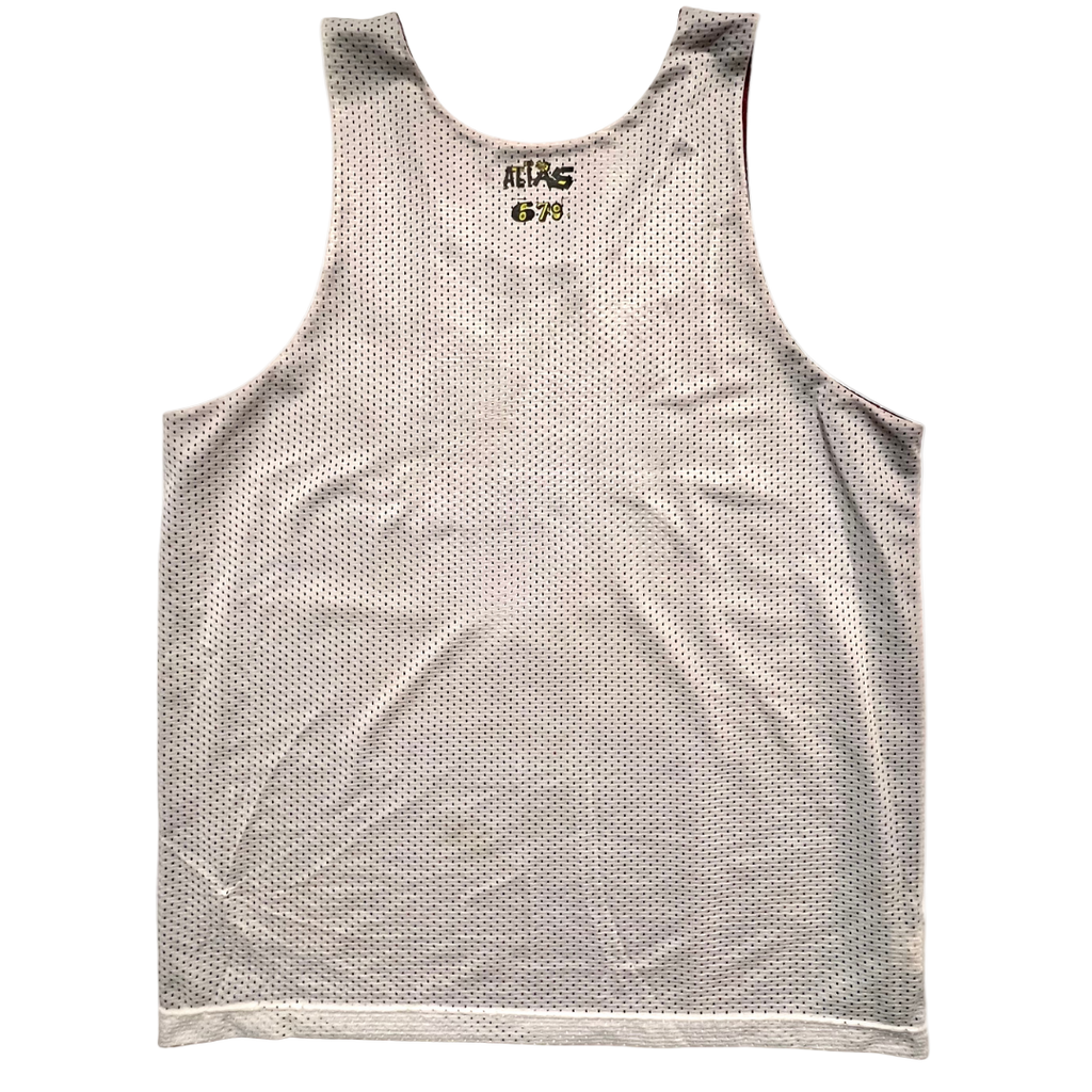 Gray mesh tank top with branding on a white background