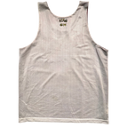 Gray mesh tank top with branding on a white background