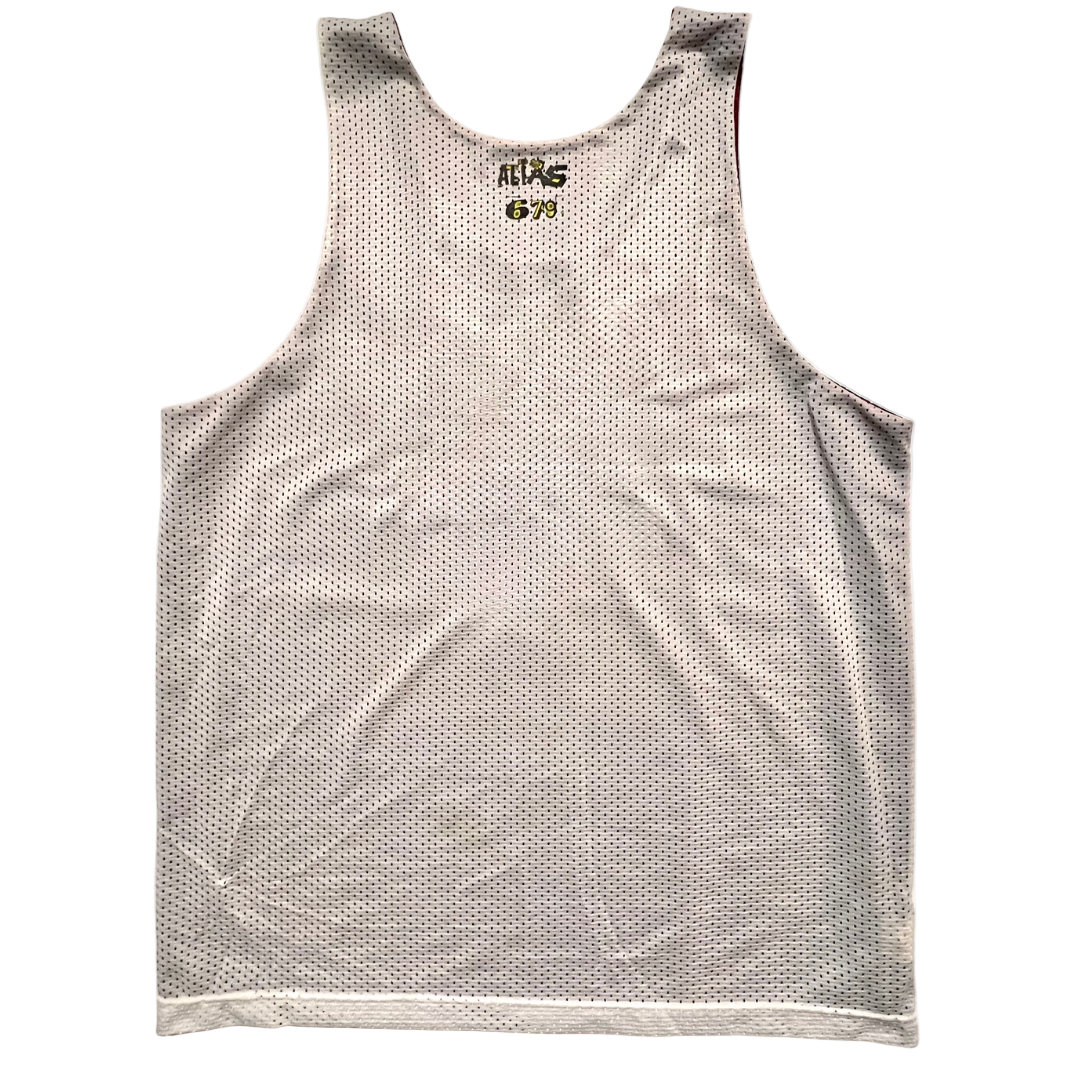 Gray mesh tank top with branding on a white background
