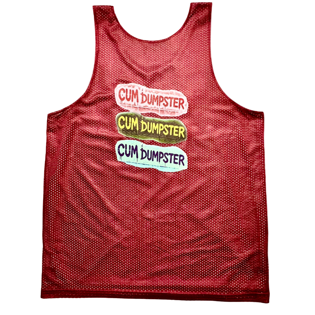 Red mesh tank top with 'Cum Dumpster' text on a white background