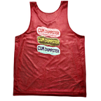 Red mesh tank top with 'Cum Dumpster' text on a white background