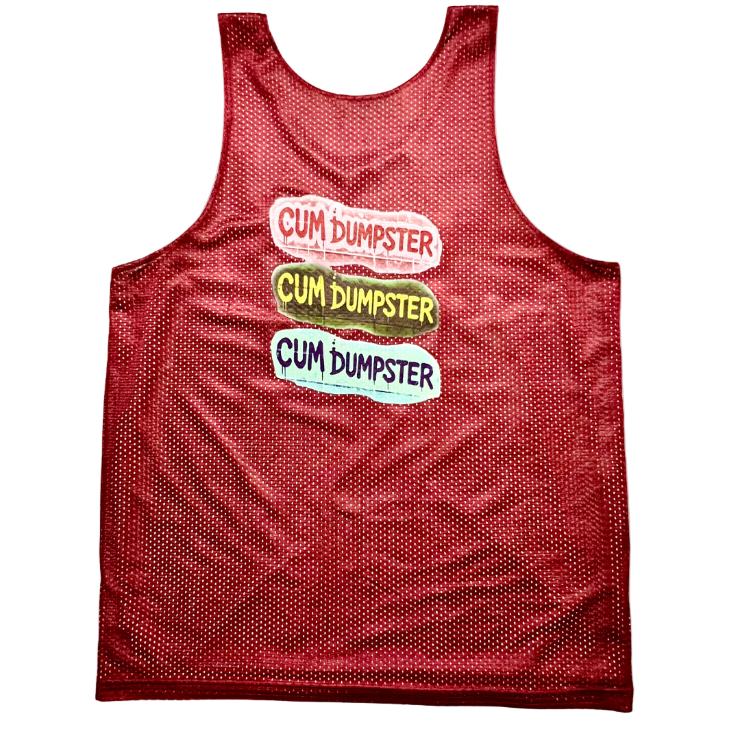 Red mesh tank top with 'Cum Dumpster' text on a white background