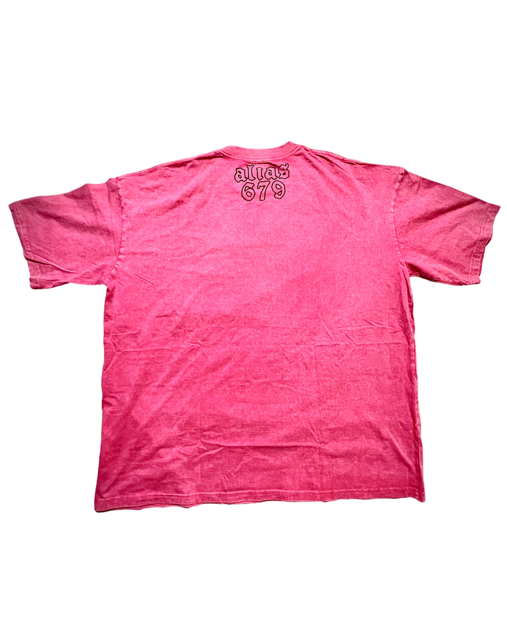 Pink t-shirt with alais679 on the back against a white background