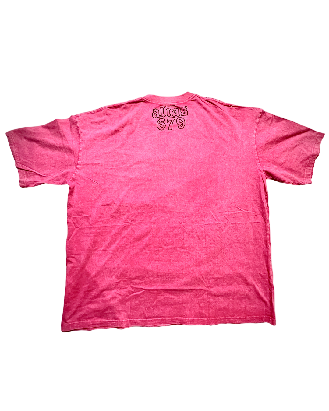 Pink t-shirt with alais679 on the back against a white background