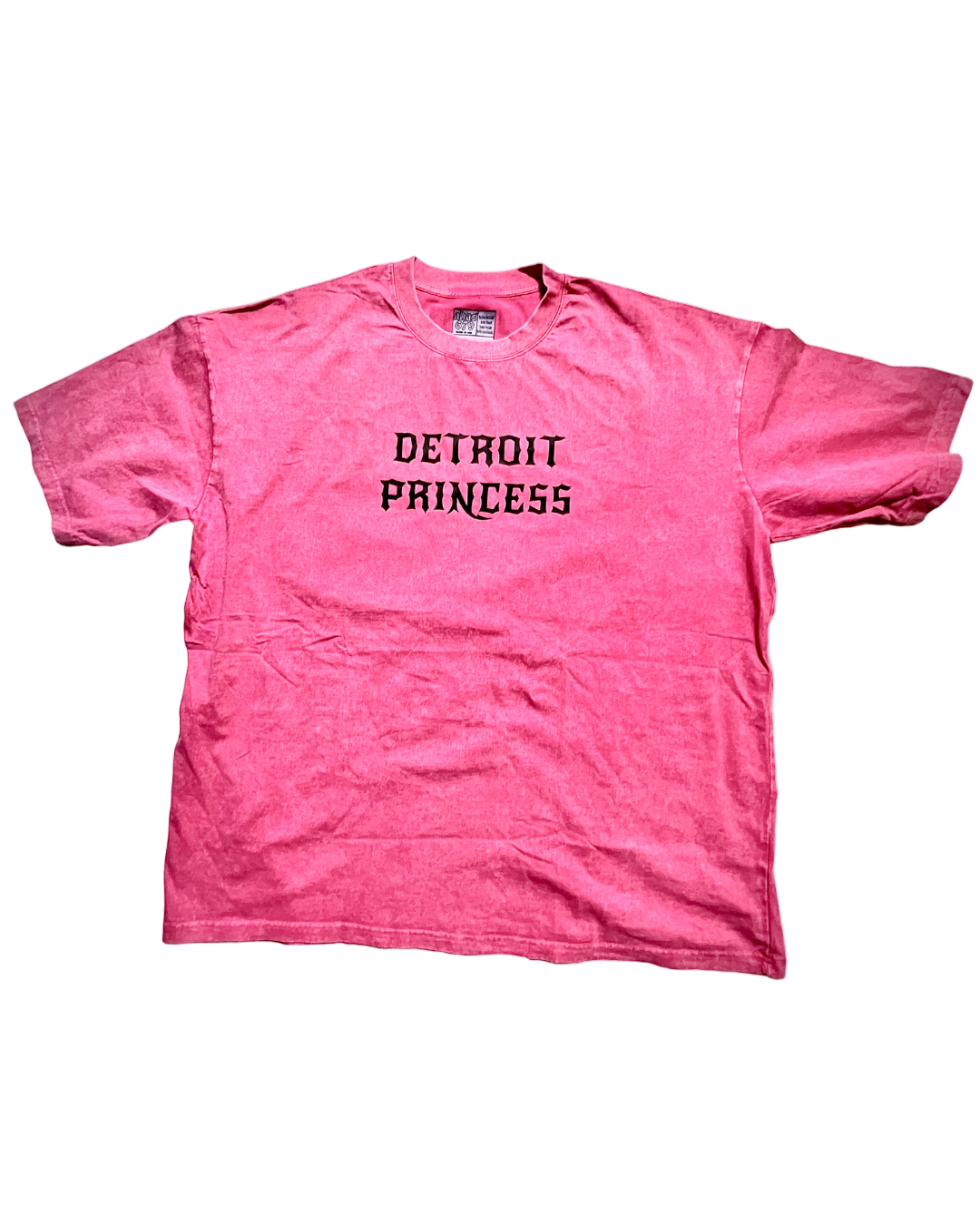 Pink t-shirt with 'Detroit Princess' text on a white background