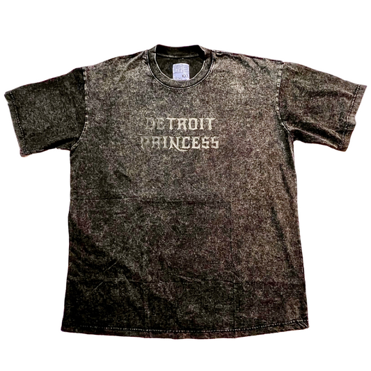 Black acid-wash t-shirt with 'Detroit Princess' text on a white background