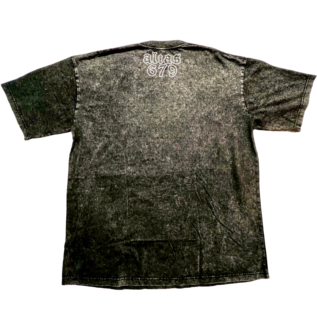 Black acid-wash t-shirt with alias679 on the back against a white background