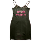 Black slip dress with 'Detroit Princess' text in pink on a white background