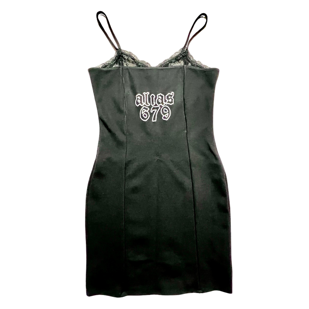 Black dress with 'Alleg 679' text on a white background