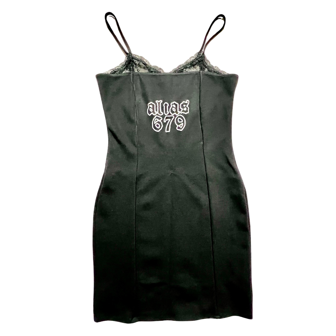 Black dress with 'Alleg 679' text on a white background