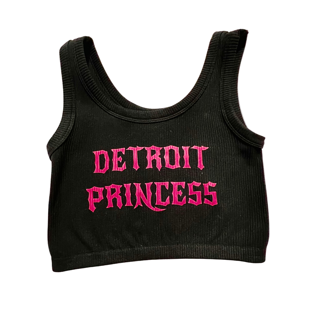 Black tank top with 'Detroit Princess' in pink text on a white background