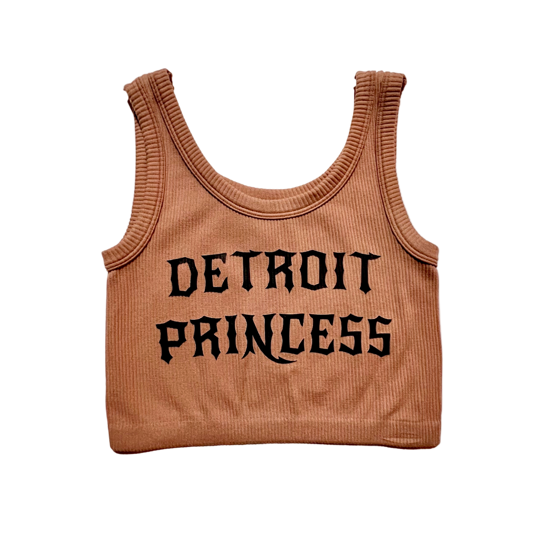 Brown tank top with 'Detroit Princess' text on a white background