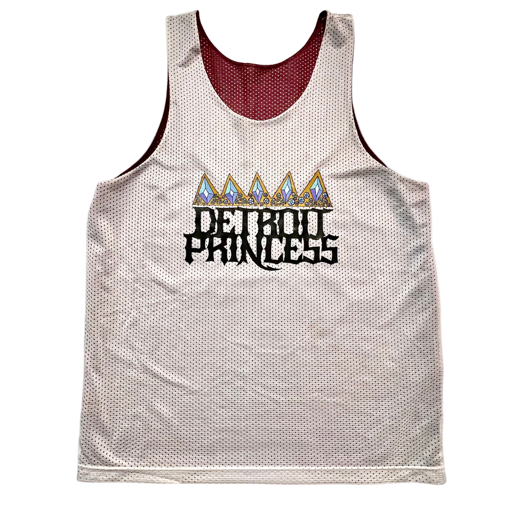 Reversible tank top with 'Detroit Princess' text and crown design on a white background