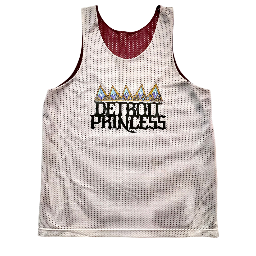 Reversible tank top with 'Detroit Princess' text and crown design on a white background