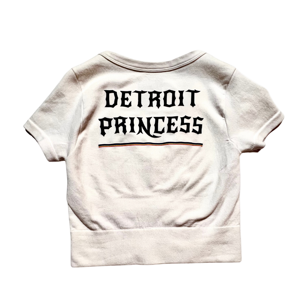 White t-shirt with 'Detroit Princess' text on a white background