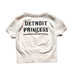 White t-shirt with 'Detroit Princess' text on a white background