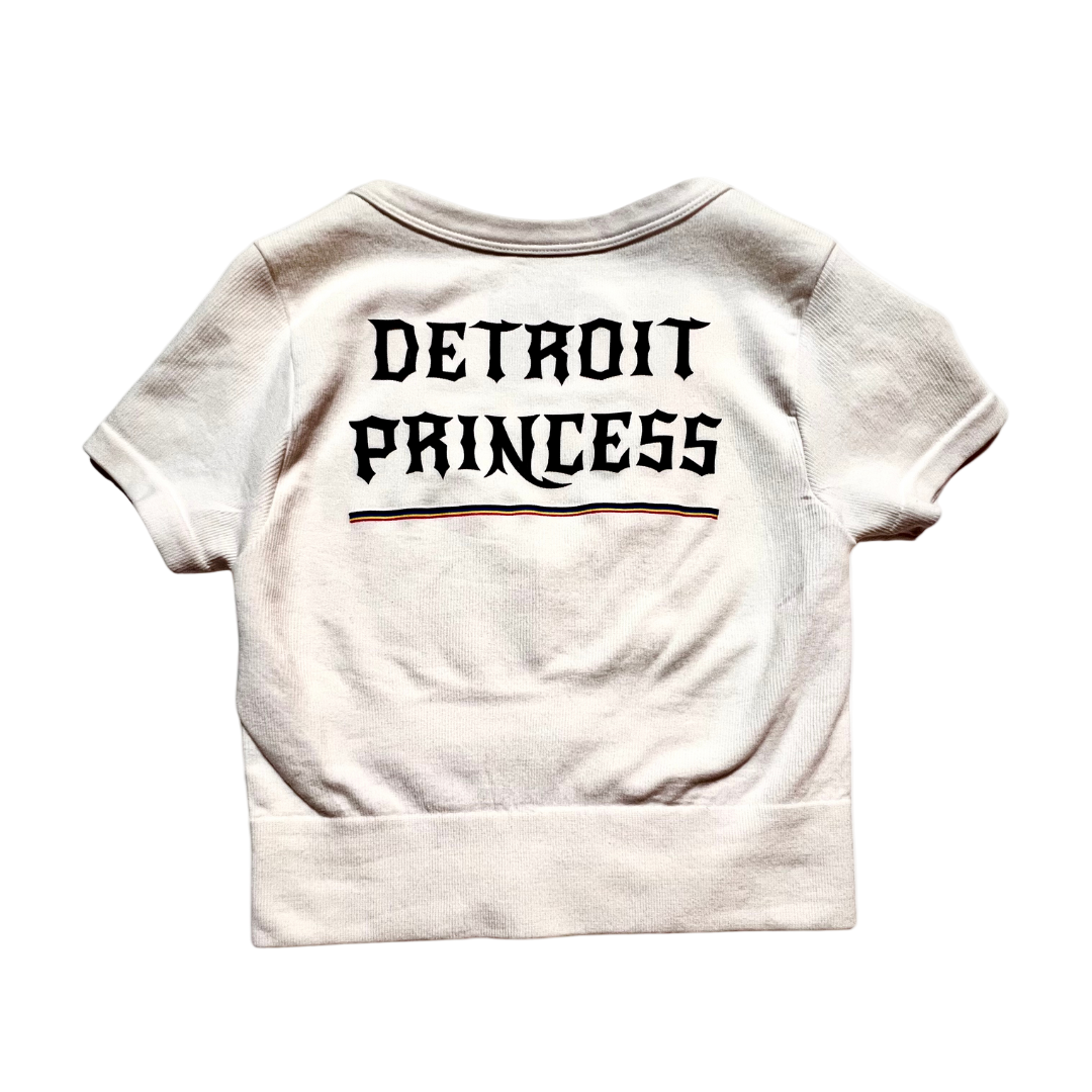 White t-shirt with 'Detroit Princess' text on a white background