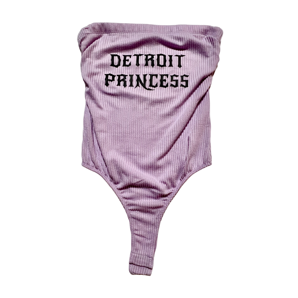 Purple ribbed bodysuit with 'Detroit Princess' text on a white background