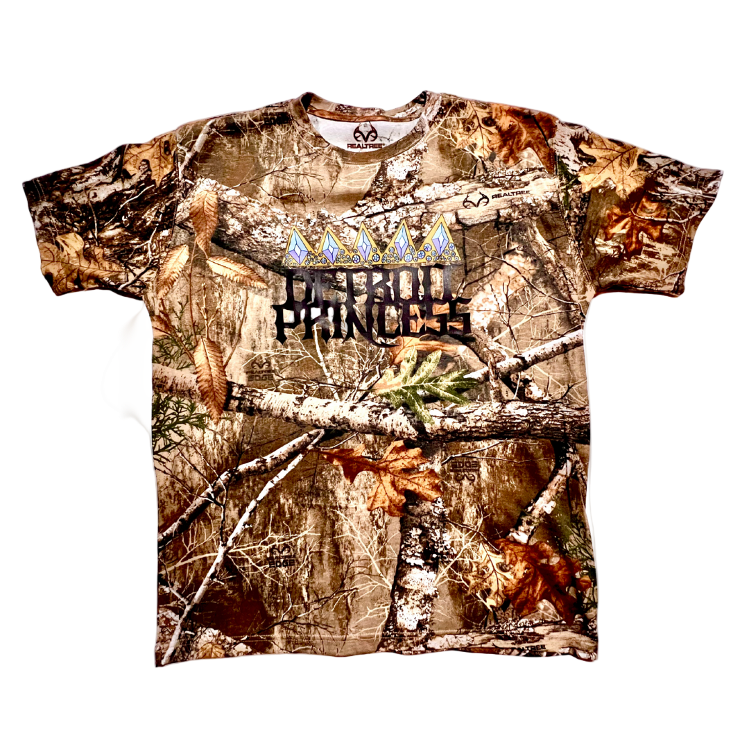 Camouflage t-shirt with 'Princess' text on a white background