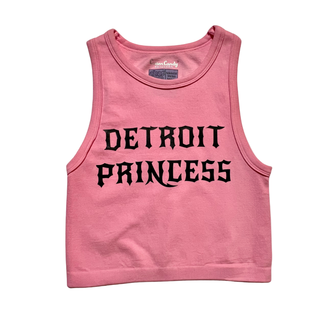 Pink tank top with 'Detroit Princess' text on a white background