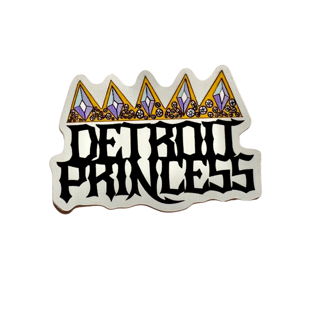 Sticker with 'Detroit Princess' text and decorative crown design on a white background