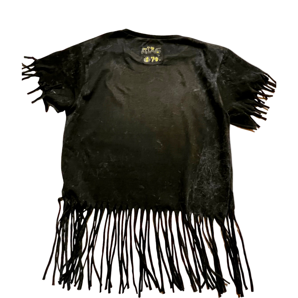 Black t-shirt with fringe details on a white background