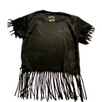 Black t-shirt with fringe details on a white background