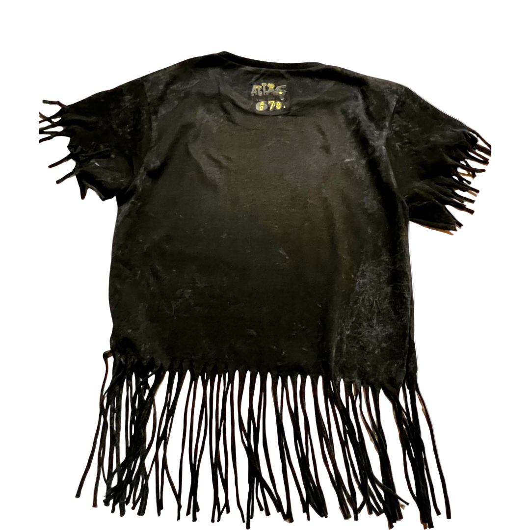 Black t-shirt with fringe details on a white background