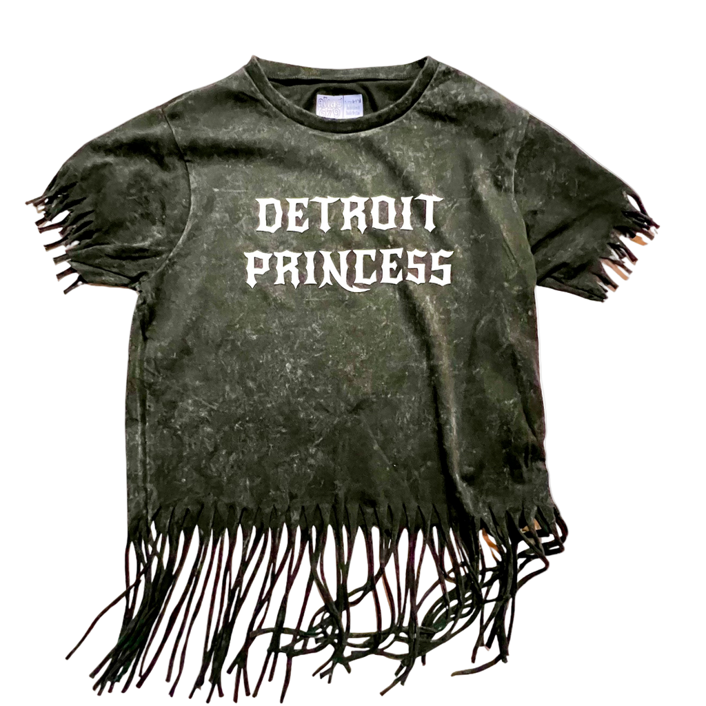 T-shirt with 'Detroit Princess' text and fringe details on a white background
