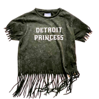 T-shirt with 'Detroit Princess' text and fringe details on a white background