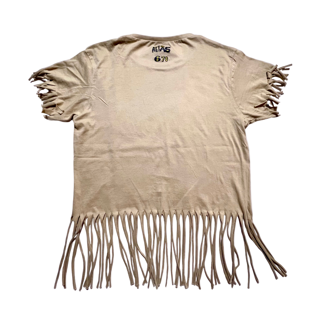 Beige t-shirt with fringe details on a white background