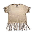 Beige t-shirt with fringe details on a white background