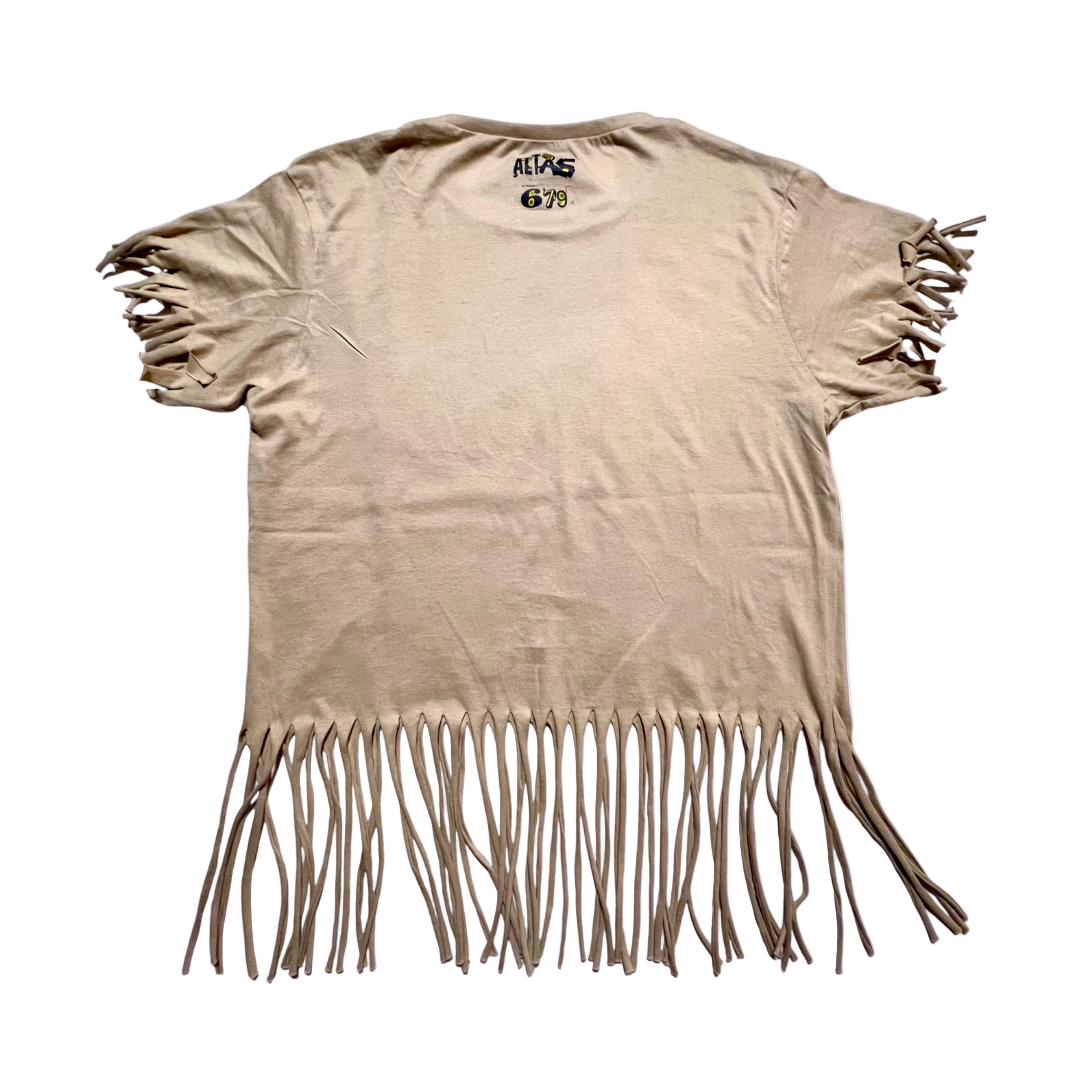 Beige t-shirt with fringe details on a white background