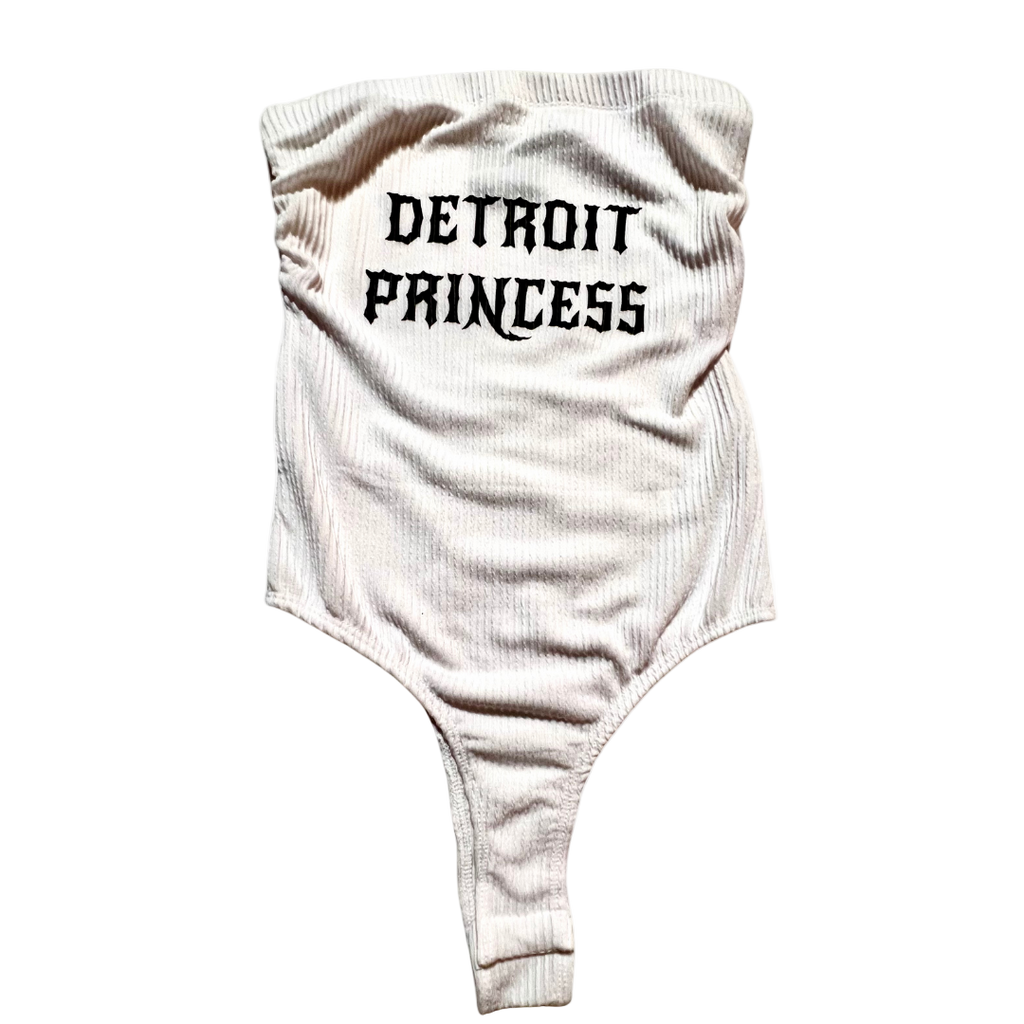 One-piece swimsuit with 'Detroit Princess' text on a white background
