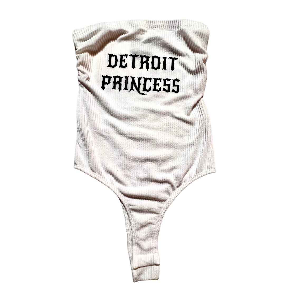 One-piece swimsuit with 'Detroit Princess' text on a white background