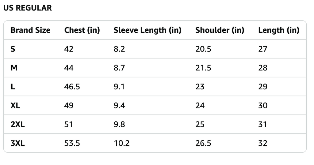 Table of US Regular size chart for clothing with measurements in inches.