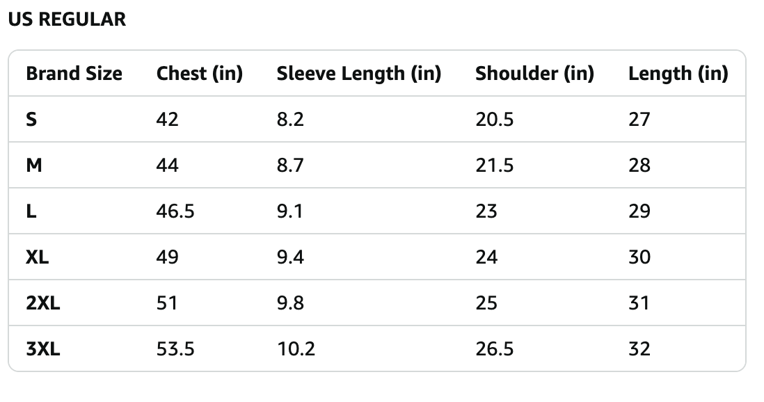 Table of US Regular size chart for clothing with measurements in inches.
